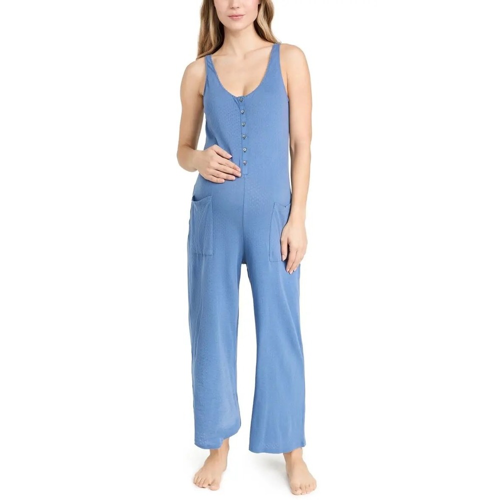 Hatch Pointelle 24/7 Feeding Jumpsuit Blue Sleeveless Henley Maternity - 2